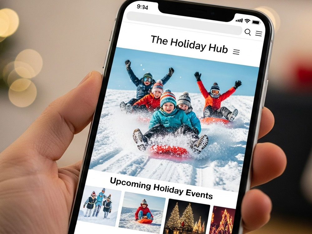 Close-up of a smartphone showing a website called "The Holiday Hub". The image on the screen shows a group of five kids sledding down a snowy hill. Below the photo is the text "Upcoming Holiday Events".