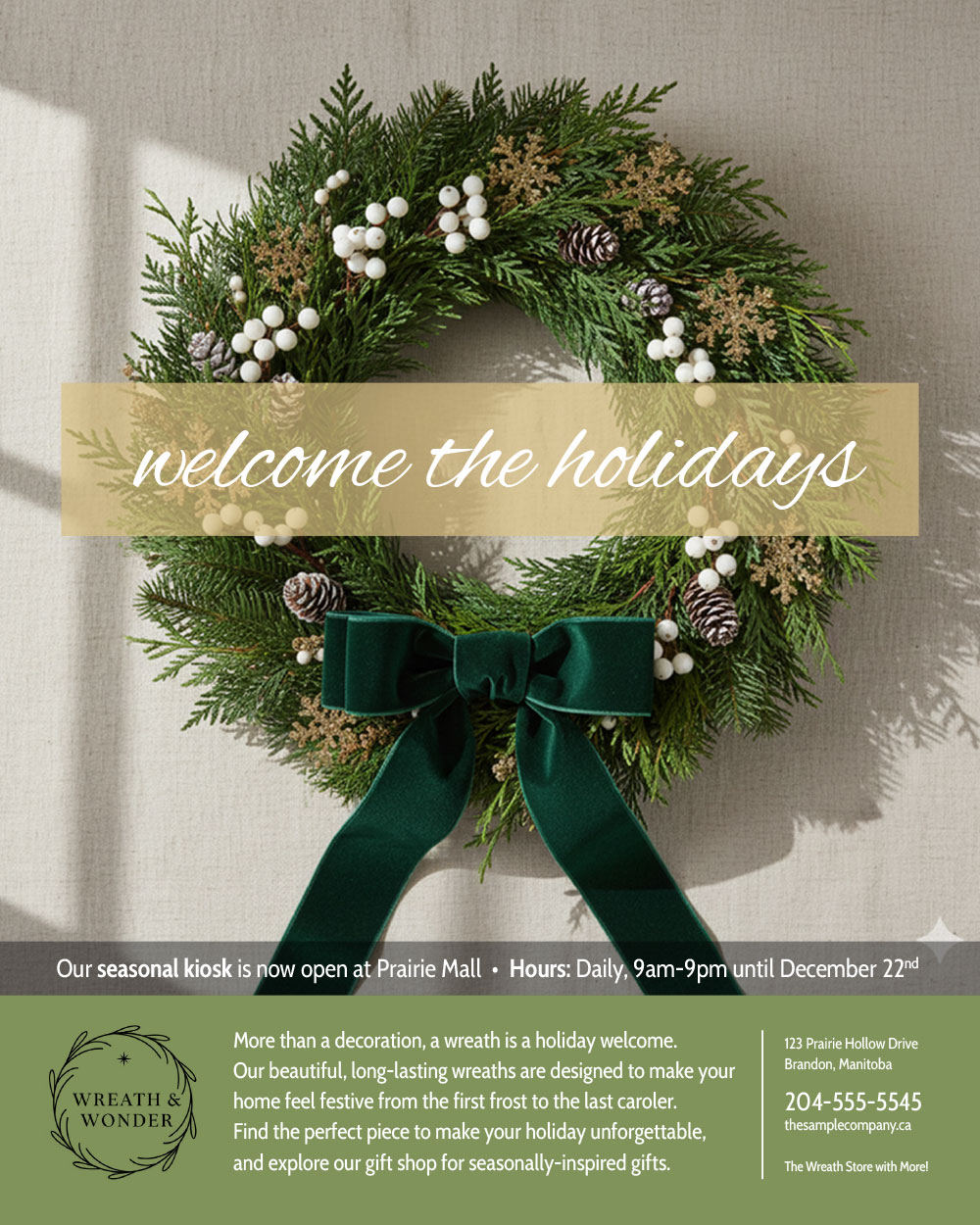 Wrapped Guide - page mockup showing an ad for a Christmas wreath store called "Wreath & Wonder". The ad shows a large wreath on a wall with the words "Welcome the holdiays" superimposed over the photo.