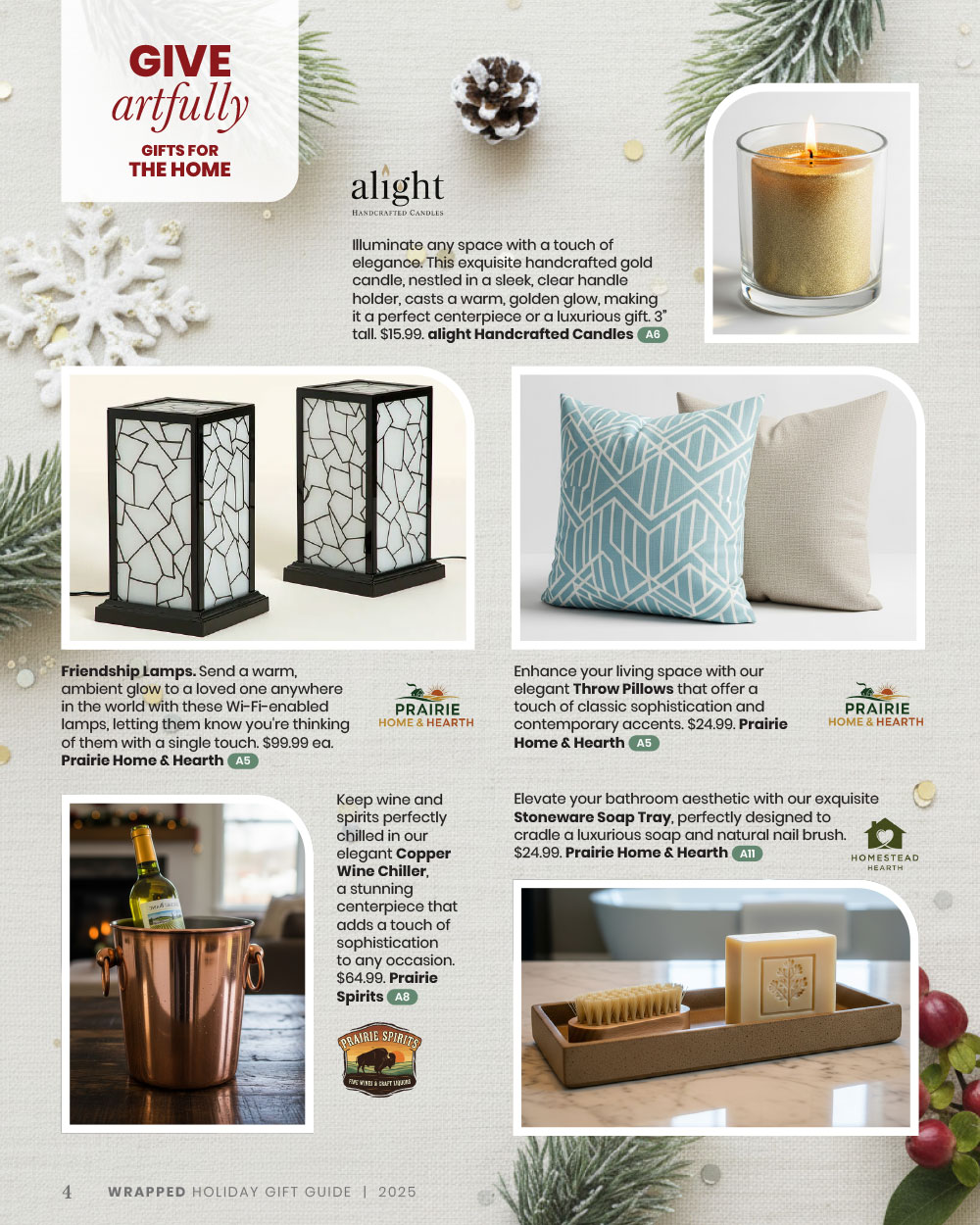 Wrapped Guide - page mockup showing a variety of gifts for the home including a candle, lamps, pillows, wine chiller, and soap tray.