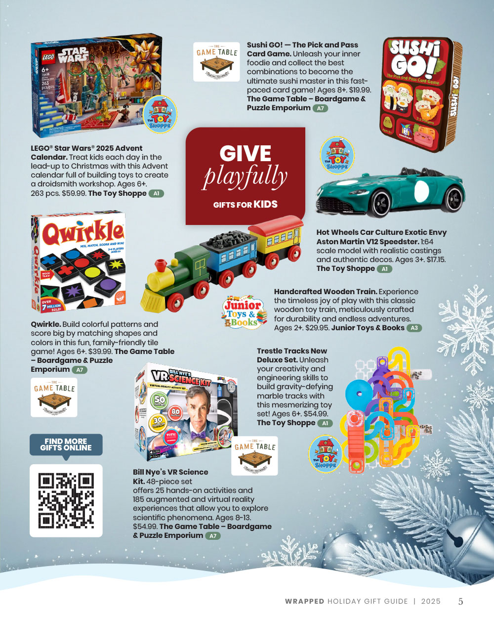 Wrapped Guide - page mockup showing a variety of gifts and games for kids including board games, toy car, and toy train.