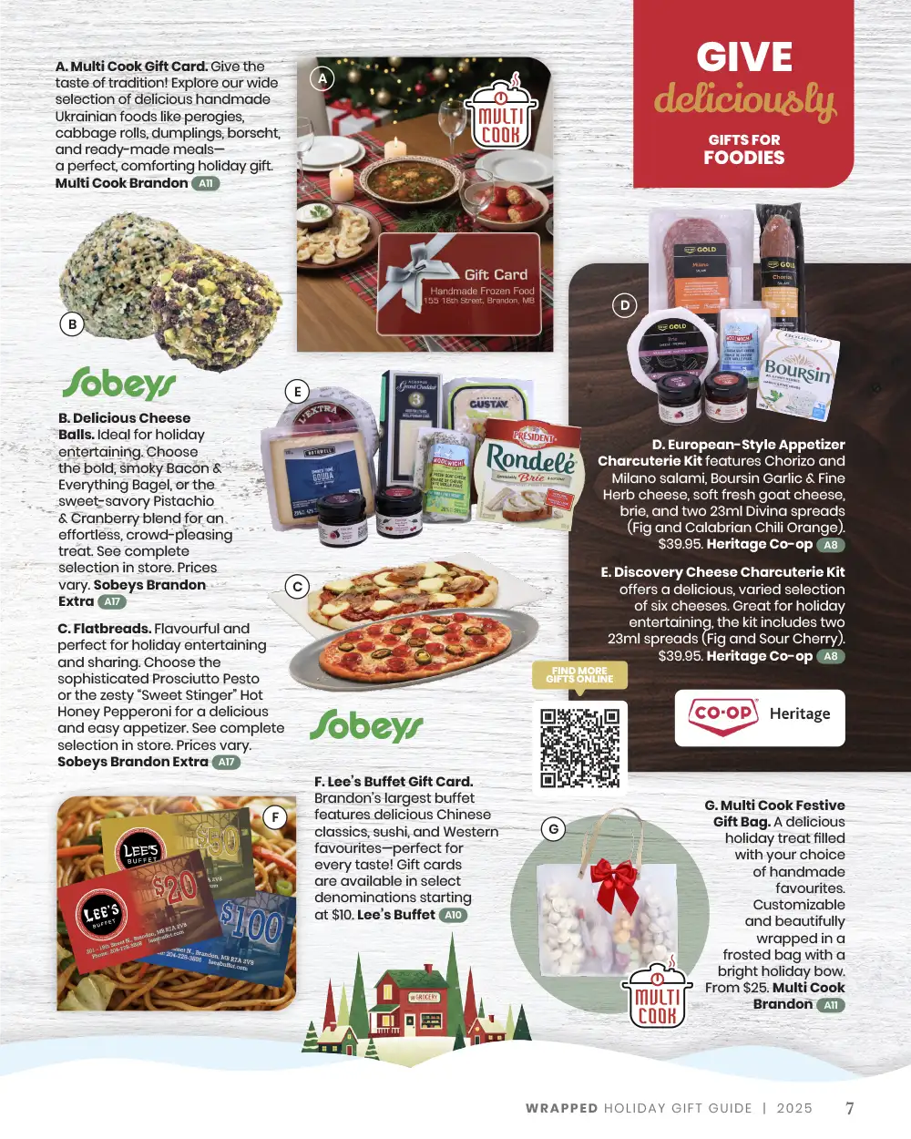 The "Give Deliciously" / gifts for foodies page from the 2025 Wrapped Holiday Gift Guide featuring a selection of food products from local merchants.