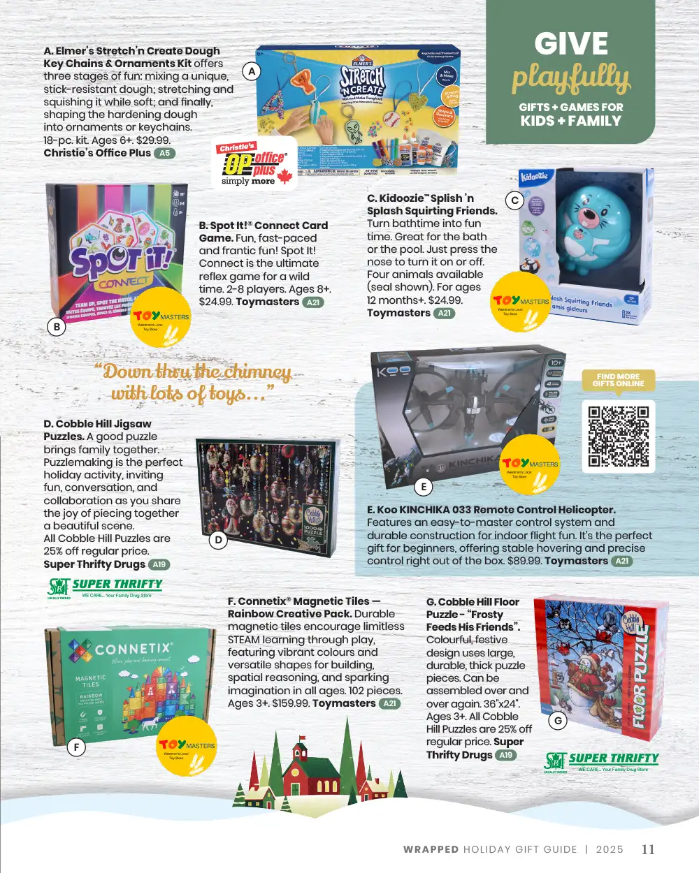 The "Give Playfully" / gifts and games for kids and family page from the 2025 Wrapped Holiday Gift Guide featuring a selection of games and puzzles from local merchants.